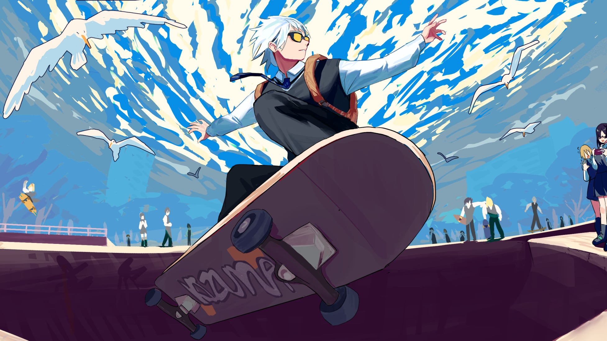A Kizuna student in sunglasses airs out of a skate bowl under a painted sky while seagulls circle and classmates watch from the rim.