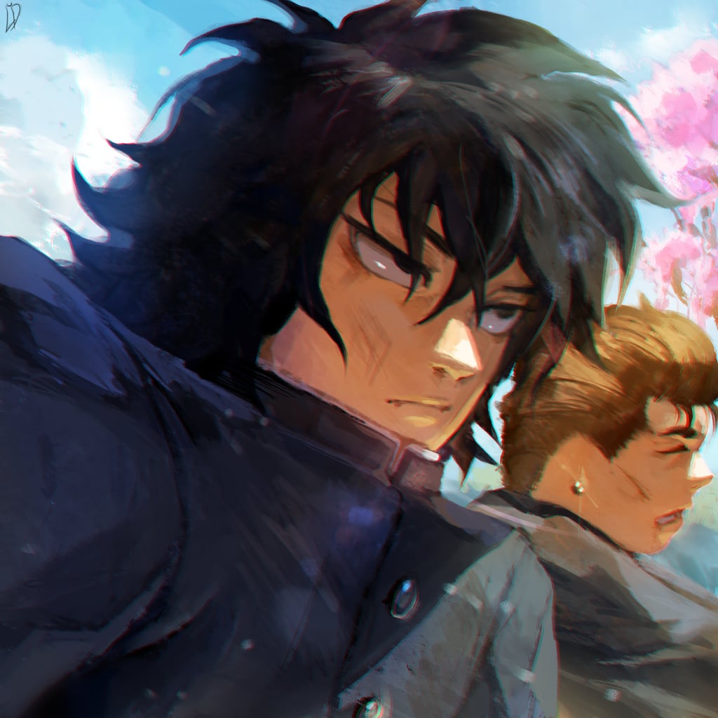 Two Kizuna students in black gakuran glare past each other under cherry blossoms.